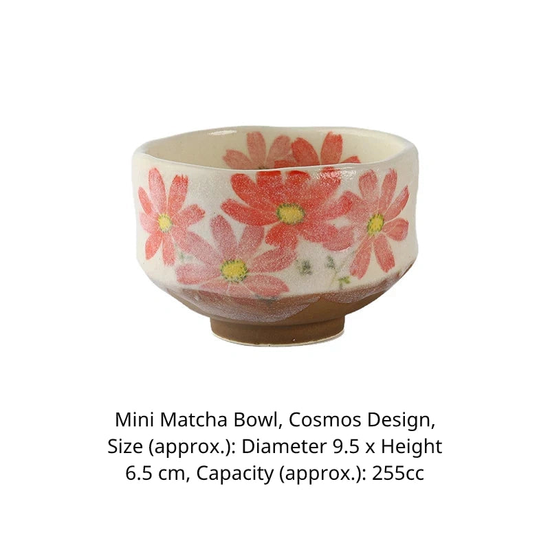 Mini matcha bowl (chawan) with bright pink cosmos flower design, approx. 9.5cm diameter.