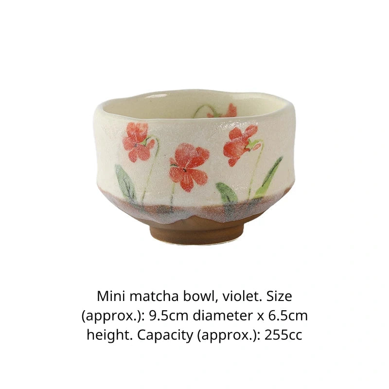 Mini matcha bowl (chawan) with small red/orange viola or pansy flower design, approx. 9.5cm.