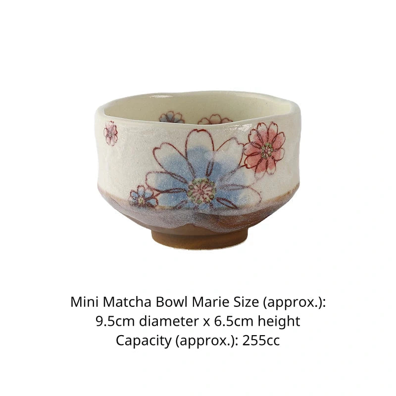 Mini matcha bowl (chawan) with blue and pink 'Mary' flower design, approx. 9.5cm diameter.