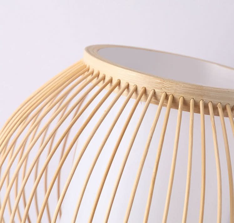 Close-up of natural rattan table lamp, organic texture, boho home decor accent.