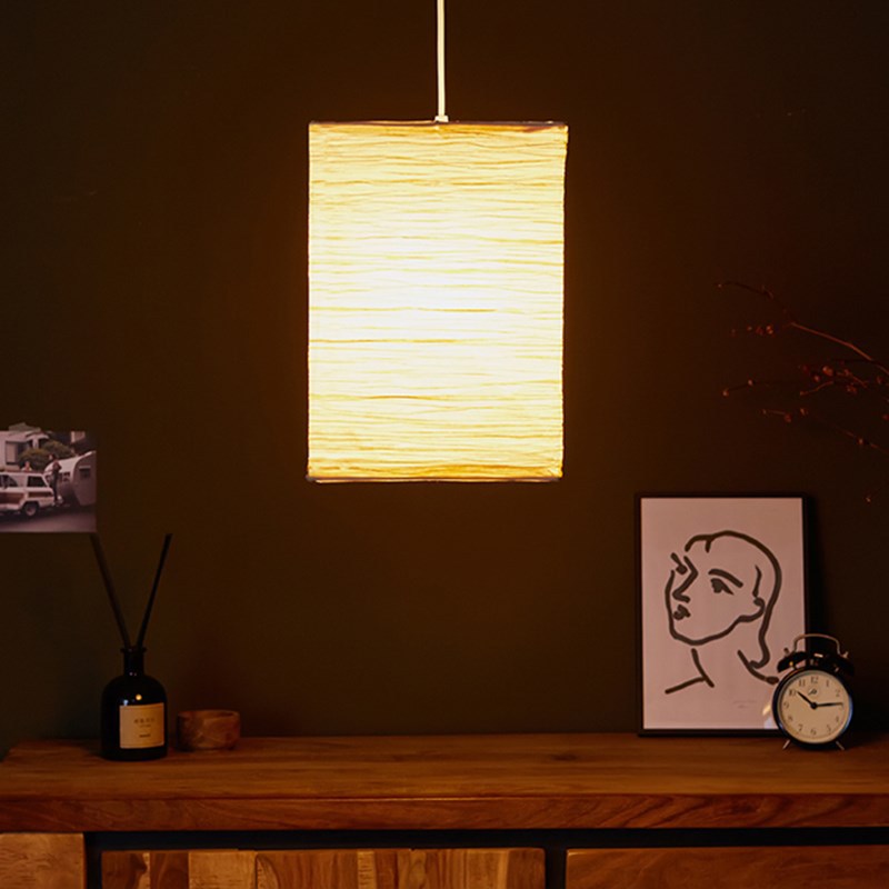 Beige paper lampshade, square, diffused light.