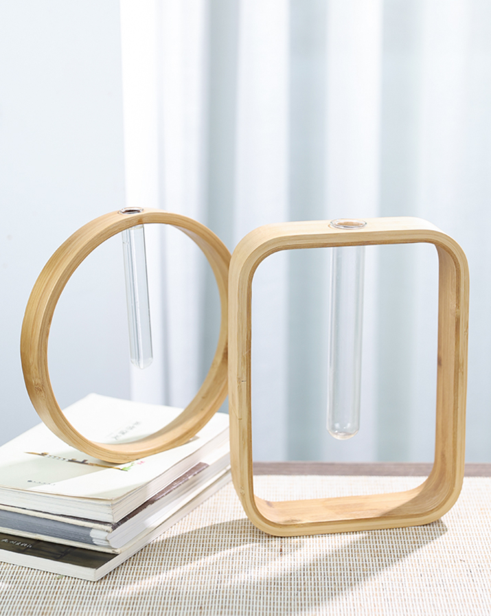 Natural bamboo Wall Flower Vase, round & square shapes, with clear glass tubes for home decor.