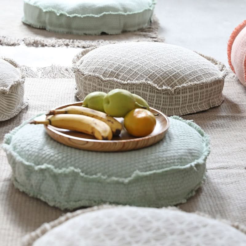 Mint green customizable textured floor cushion with fruit tray, washable, home decor.