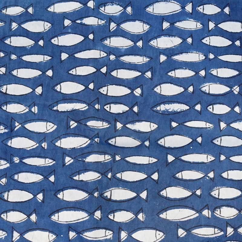 India Imported Blue Dyed Pure Cotton Fabric with white fish pattern