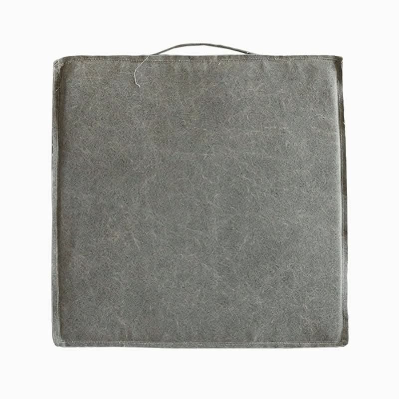 Grey linen square cushion with handle, customizable, distressed, removable, washable.
