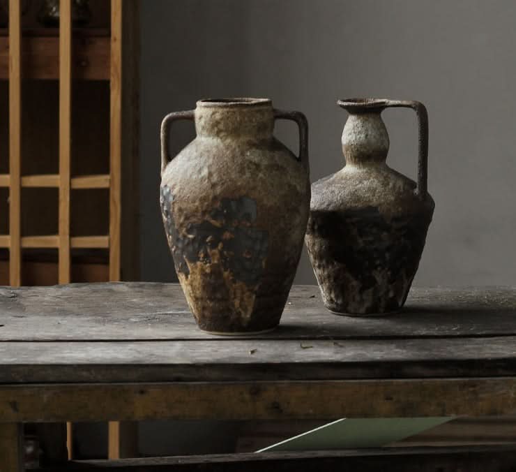 Rustic ceramic vase with textured brown and black glaze, wabi-sabi home decor.