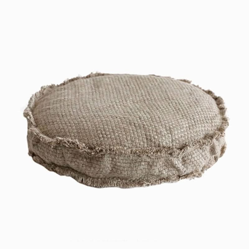 Round, beige textured Customizable Floor Cushion, washable home decor.
