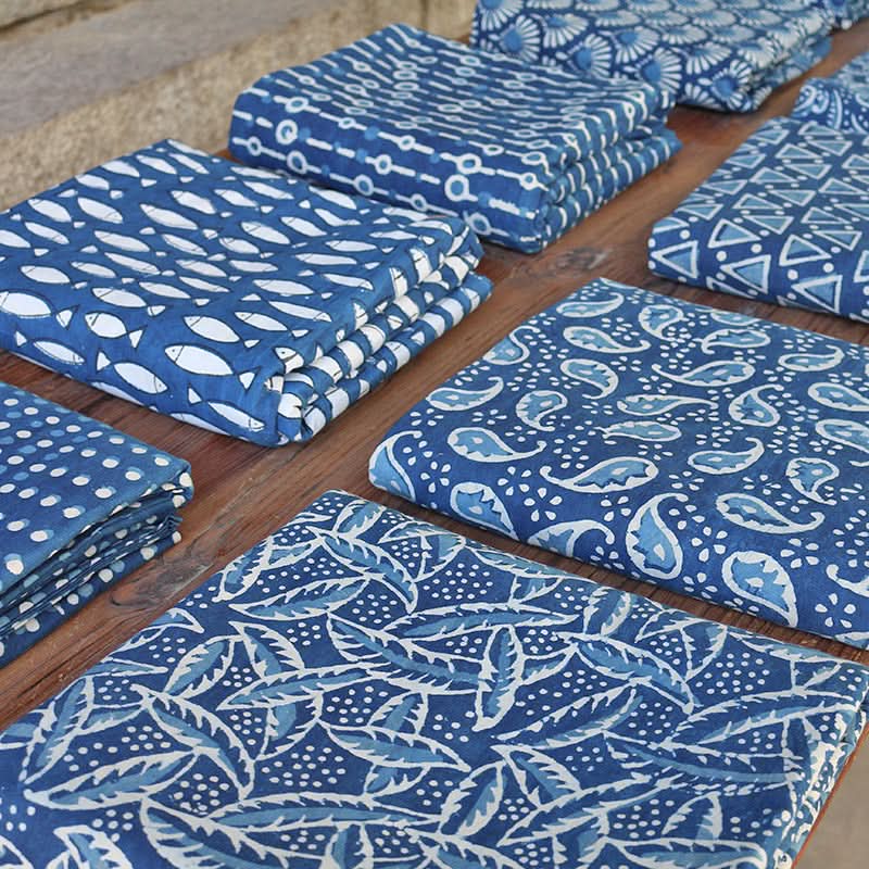 India Imported Blue Dyed Indian Fabric Pure Cotton. Various traditional block prints like fish, paisley, and leaf designs ...