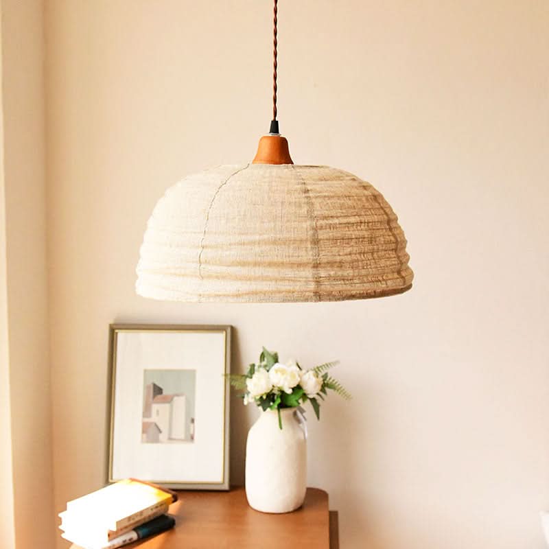Earthy-toned layered ribbed pattern hemp lamp shade made from natural woven fabric
