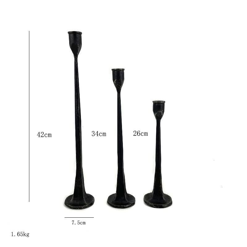 Black iron candle holders, set of three, tall vintage style home decor.