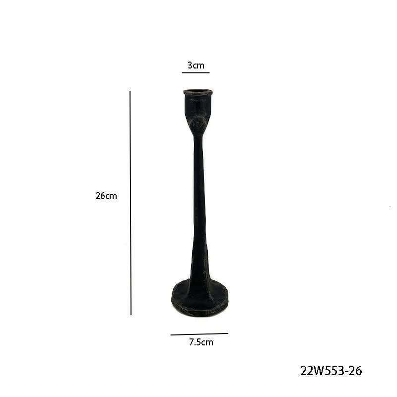 Black iron candle holder, 26cm tall, 7.5cm base, 3cm top.