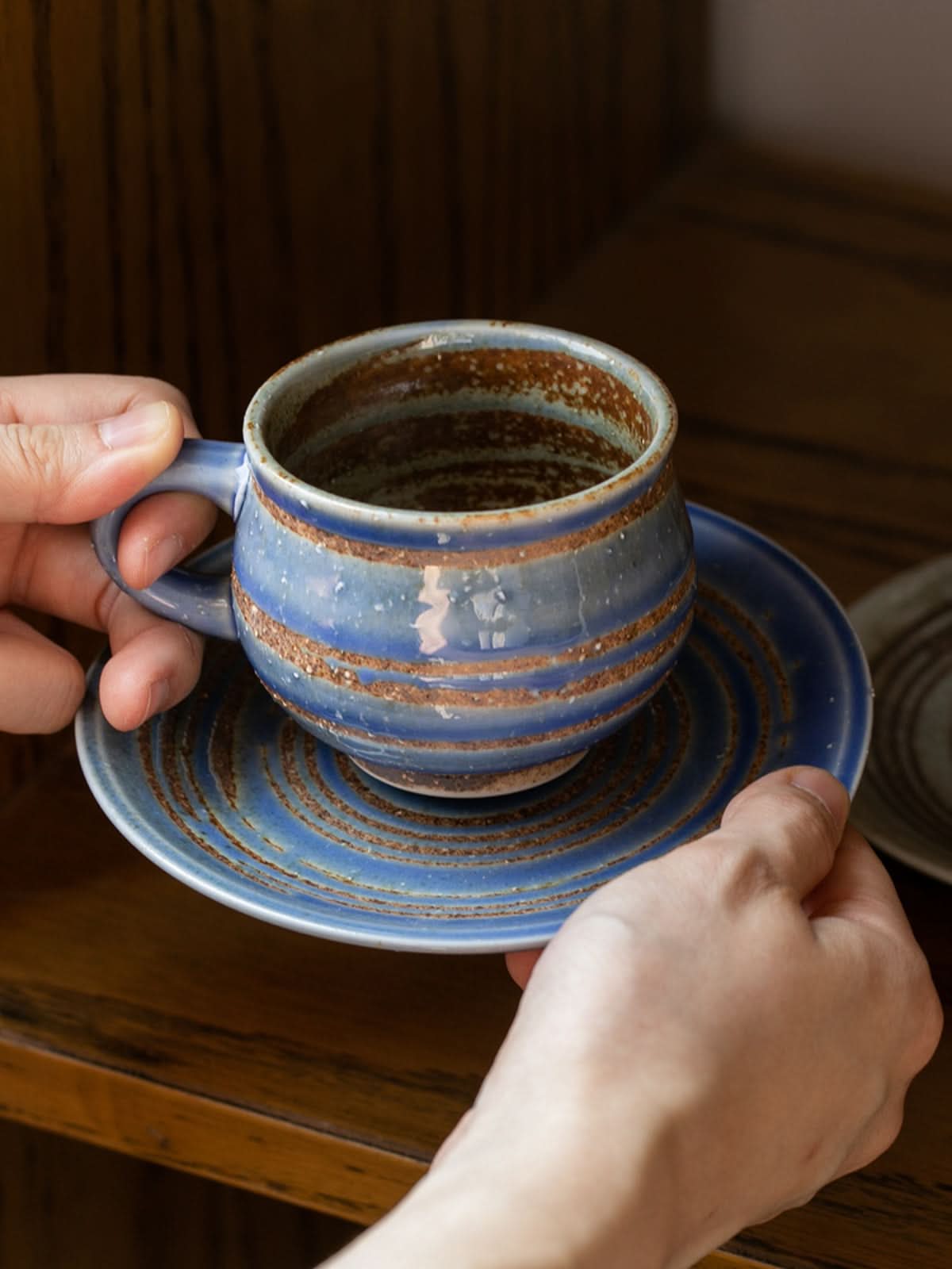 Blue and brown striped ceramic handmade mug with coaster, home decor.