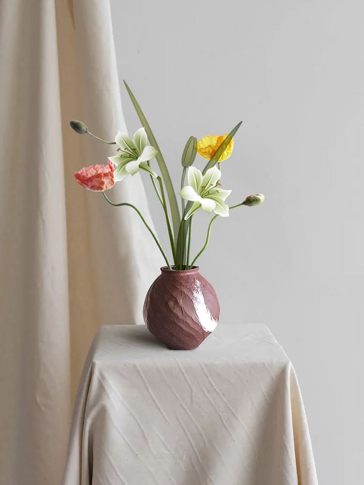 Brown Vase with Brushed Stroke home decor, textured ceramic vase with floral arrangement.