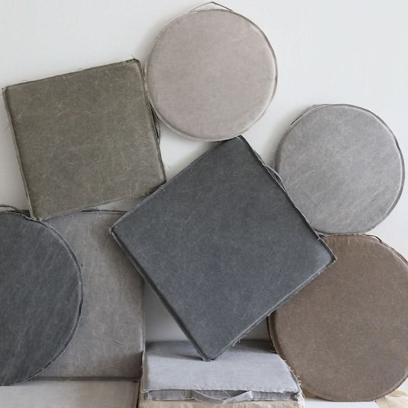 Various grey linen cushions, square & round. Customizable distressed linen cushions.