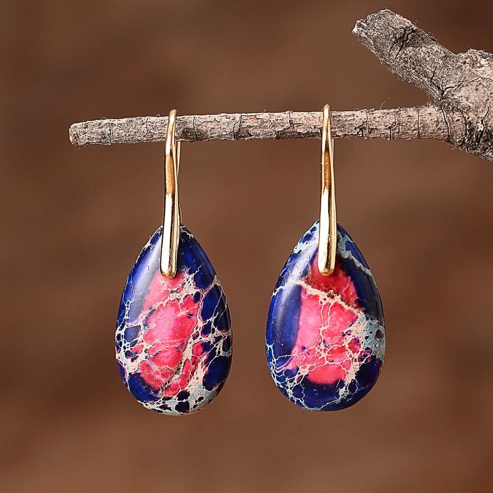 Teardrop Stone Earrings with blue, pink, and white Jasper stone and gold findings.