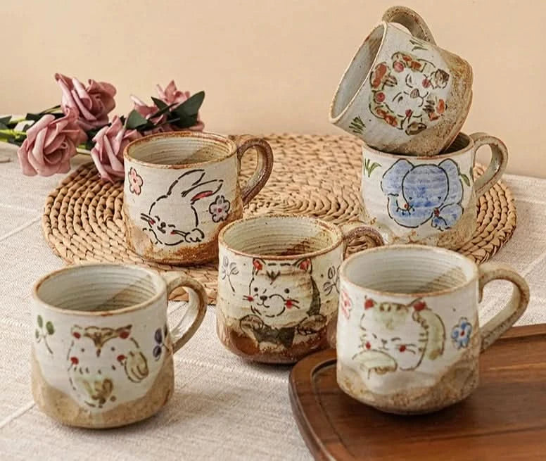 Hand painted coffee mugs with owl, cat, elephant & bunny designs. Earthy tones. Home decor.