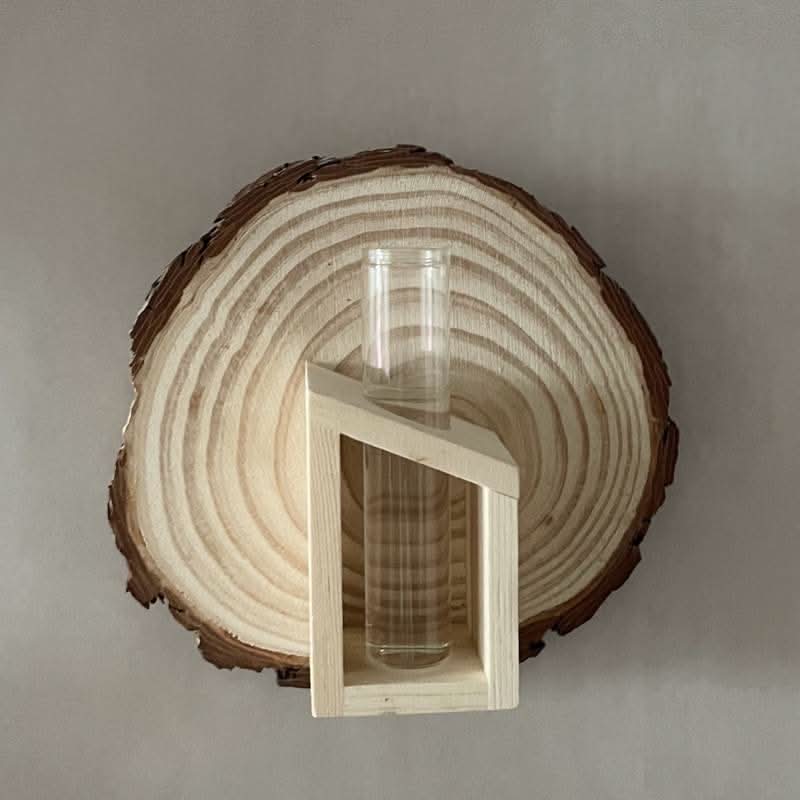 Natural wood slice Wall Plant Hanger Tree Ring with clear glass vase holder.