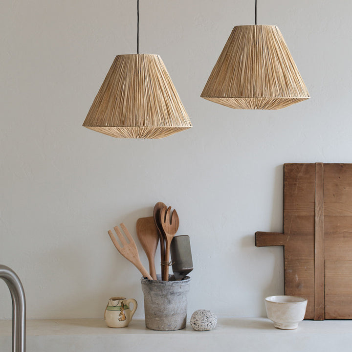 Triangle raffia lampshade, natural beige, hanging light.