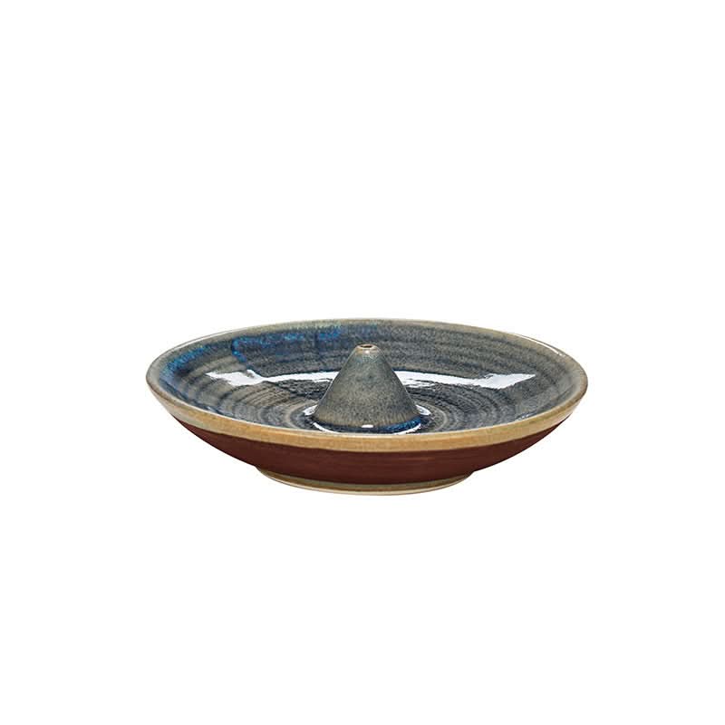 Glazed ceramic incense holder, blue & grey swirl design, brown base. Home decor.