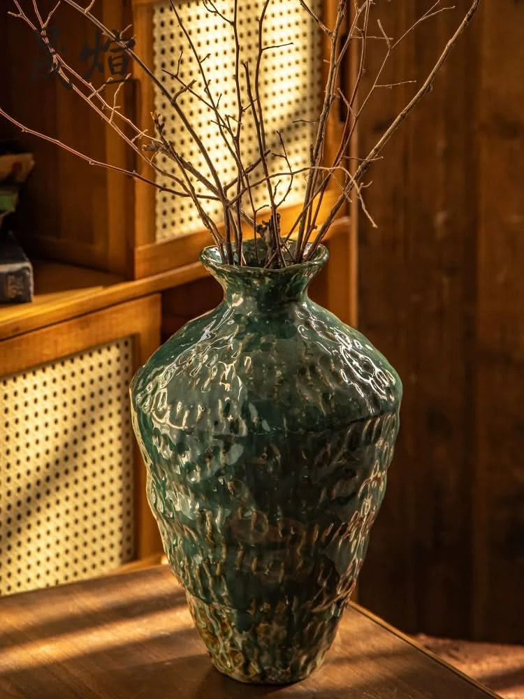 Wabi-Sabi Distressed Rustic Vase with dark green glaze and dried branches