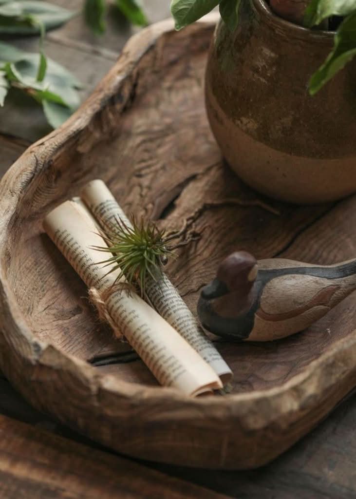 Rustic wooden distressed serving bowl with rolled books, air plant, and carved duck.