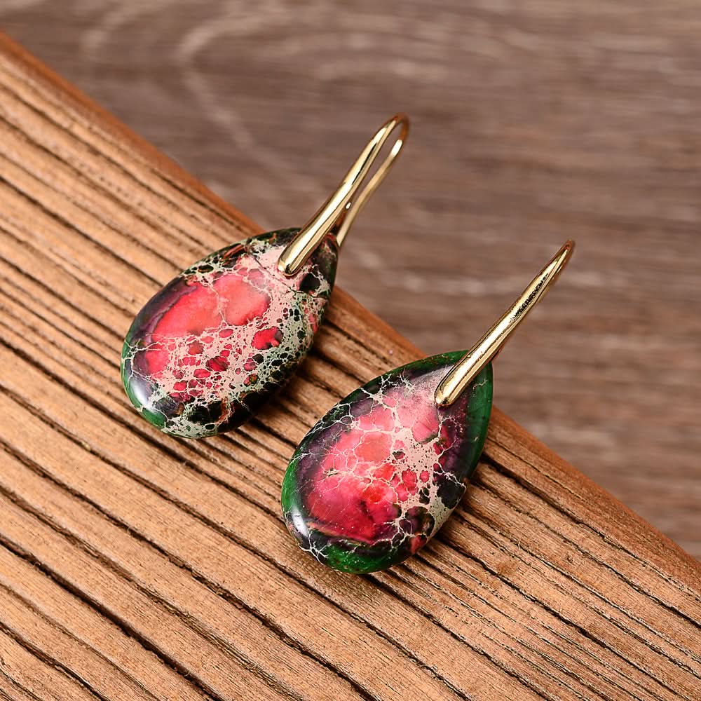 Teardrop Stone Earrings with red, green, and white marbled pattern, gold hook.