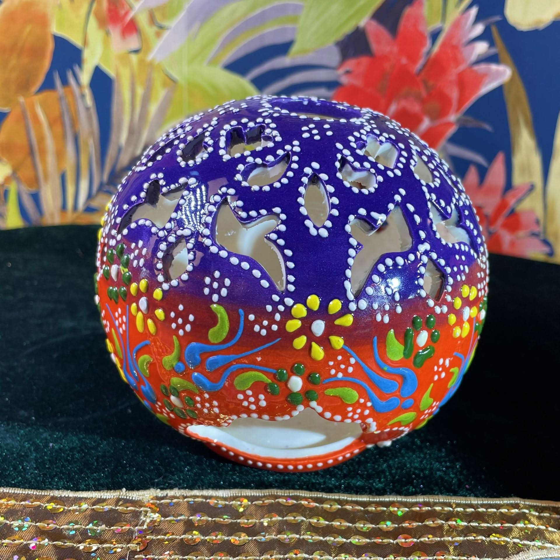 Turkish Ceramic Hand-painted Candle lantern, purple & red, floral design, intricate cutouts.