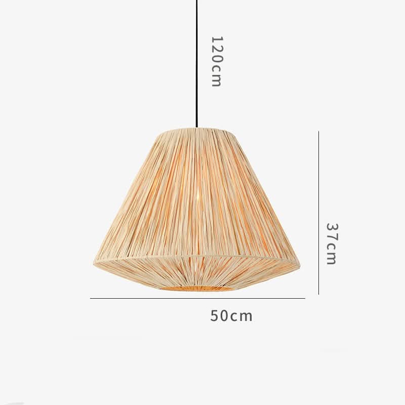 Natural raffia lampshade in a conical triangle shape, warm beige, home decor accent.
