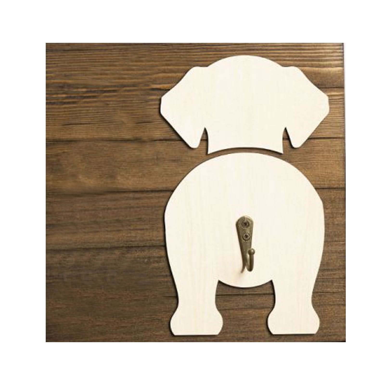 Personalized Dog Leash Holder, natural wood with antique brass hook, on rustic wood background.