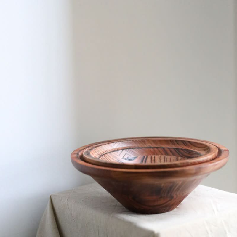 Handmade Retro Bowl, warm wood tones, decorative geometric pattern inside, home decor essential.