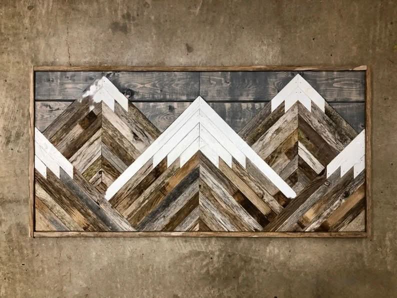 Boho Aztec Mountain Wood Wall Art: rustic wood mountains in brown, white & gray.
