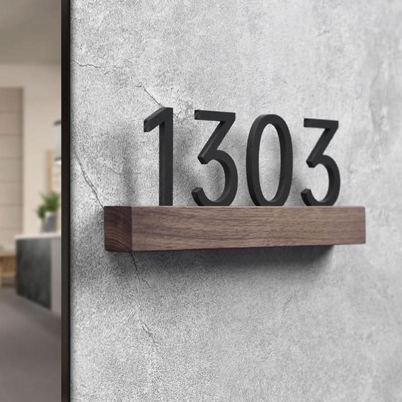 Solid wood custom door plate with walnut beech, displaying black house numbers '1303'.