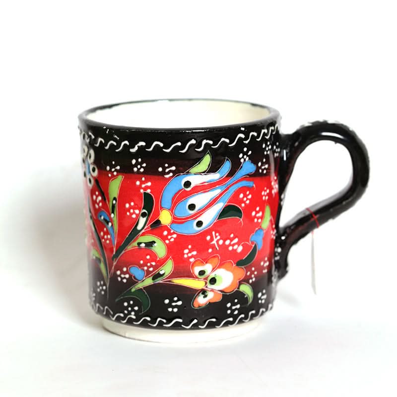 Red Turkish glazed ceramic mug with floral pattern and black accents. Home Decor.