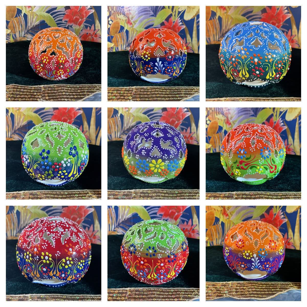 Colorful Turkish ceramic hand-painted candle lantern, intricate floral design, home decor.