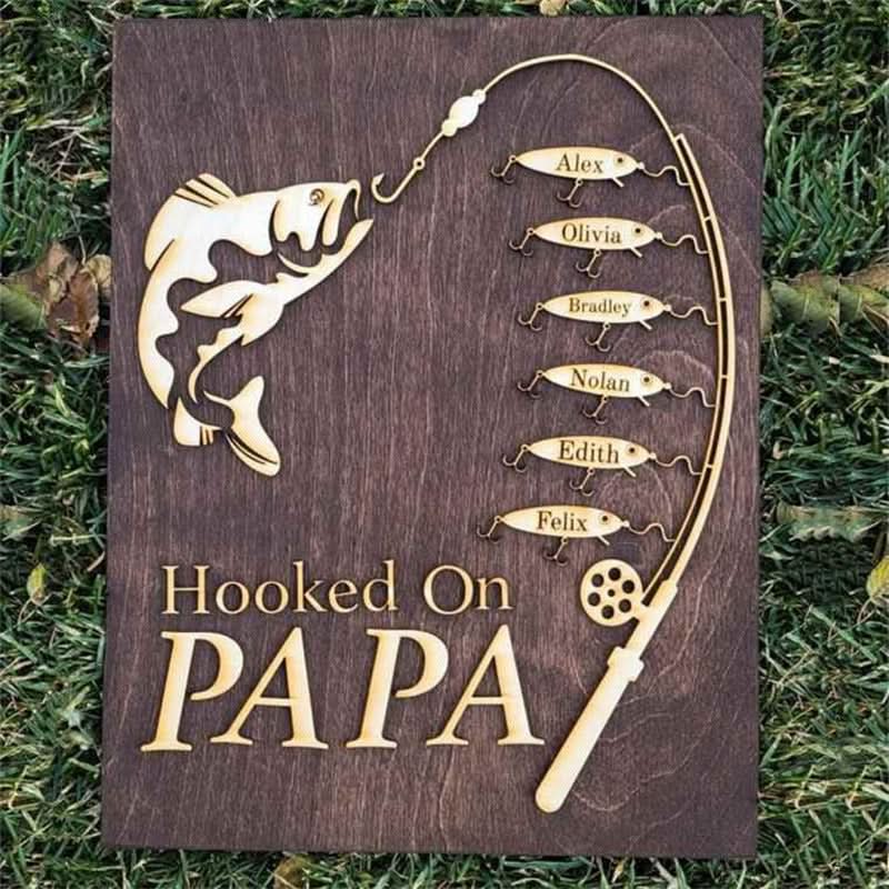 Personalised wooden fishing art for Dad, "Hooked On PAPA," with 6 family names.