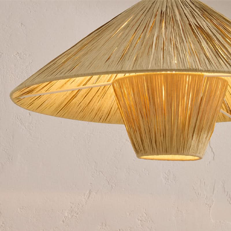 Natural raffia lampshade with a geometric design, warm earthy tones, home decor accent.