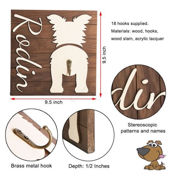 Personalized wooden dog leash holder for Robin, farmhouse entryway wall hook.