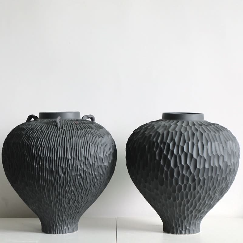 Wabi-Sabi Carved Irregular Black Ceramic Vases: textured home decor art.