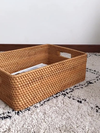 Squared Handwoven Rattan Storage Basket