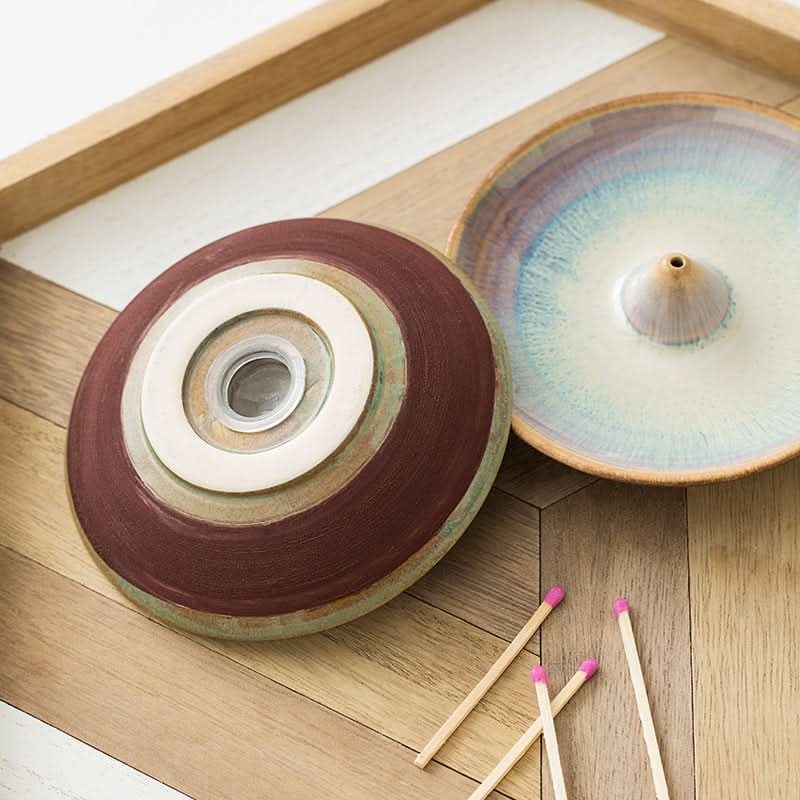 Brown & white Ceramic Incense Holder Glazed, with pastel blue dish & matches on wooden tray.