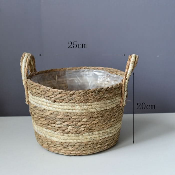 Woven seagrass plant basket with handles, natural and cream stripes, 25cm diameter, 20cm height.