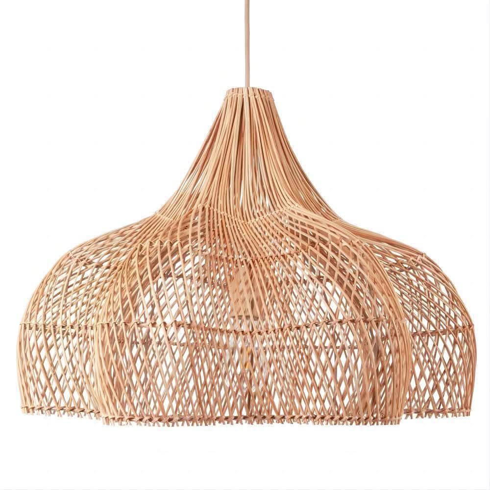 Natural rattan teardrop pendant light, woven bamboo texture, home decor lighting.