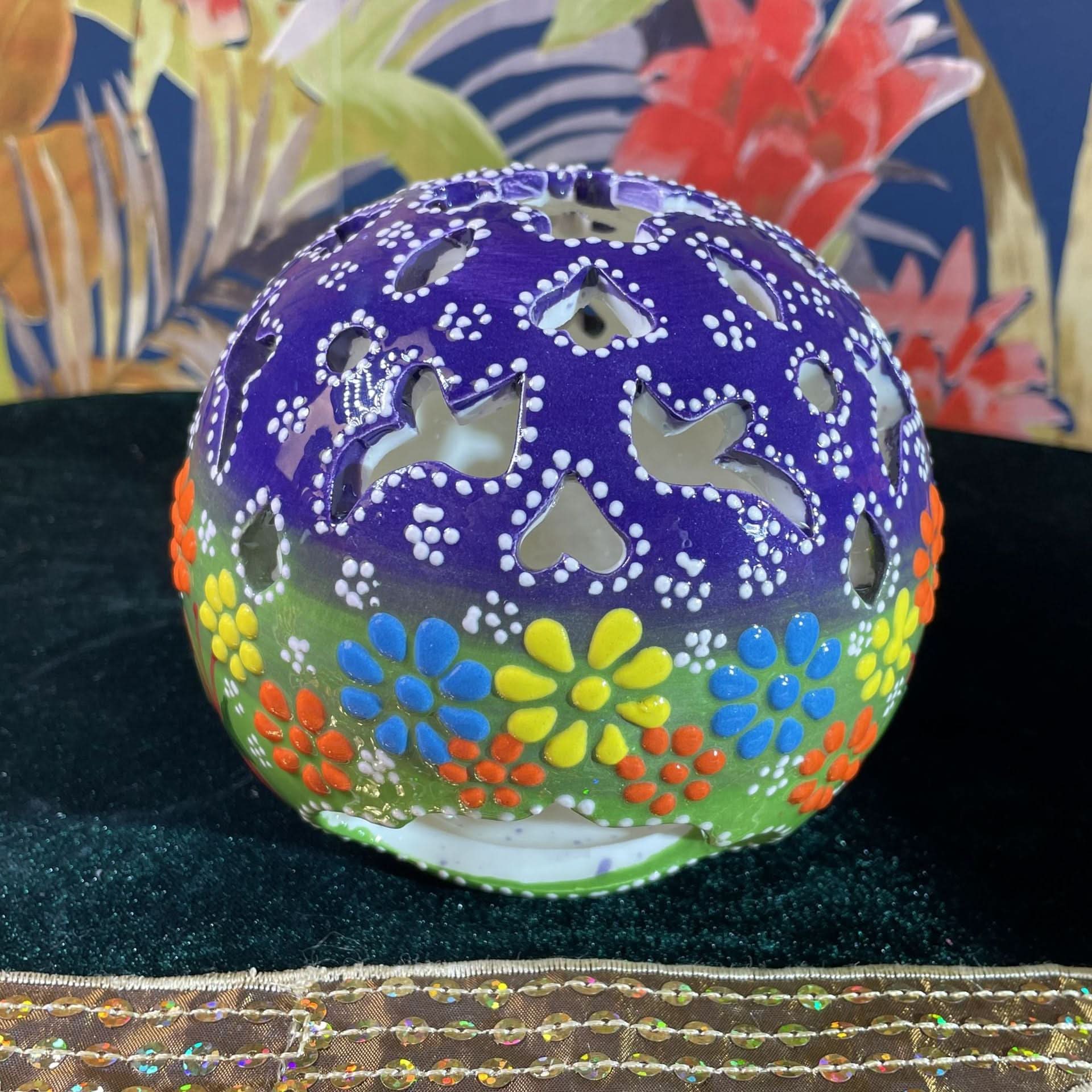 Vibrant Turkish Ceramic Hand-painted Candle with floral design and cutout patterns