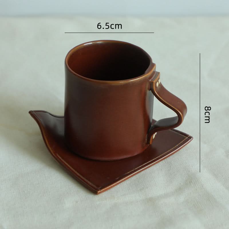 Brown Ceramic Cups Textile Folded Style Set, coffee mug and saucer, 6.5x8cm.