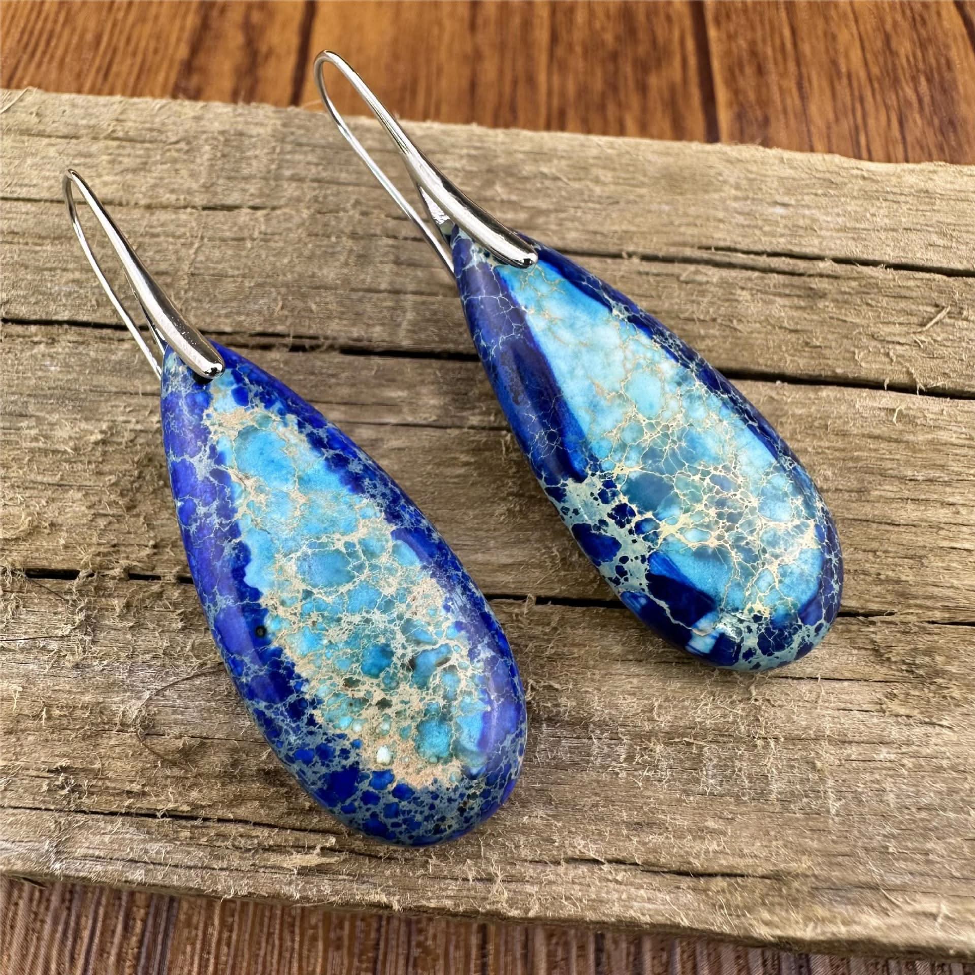 Blue Tear Drop Earrings with intricate blue and white patterns, silver hooks.