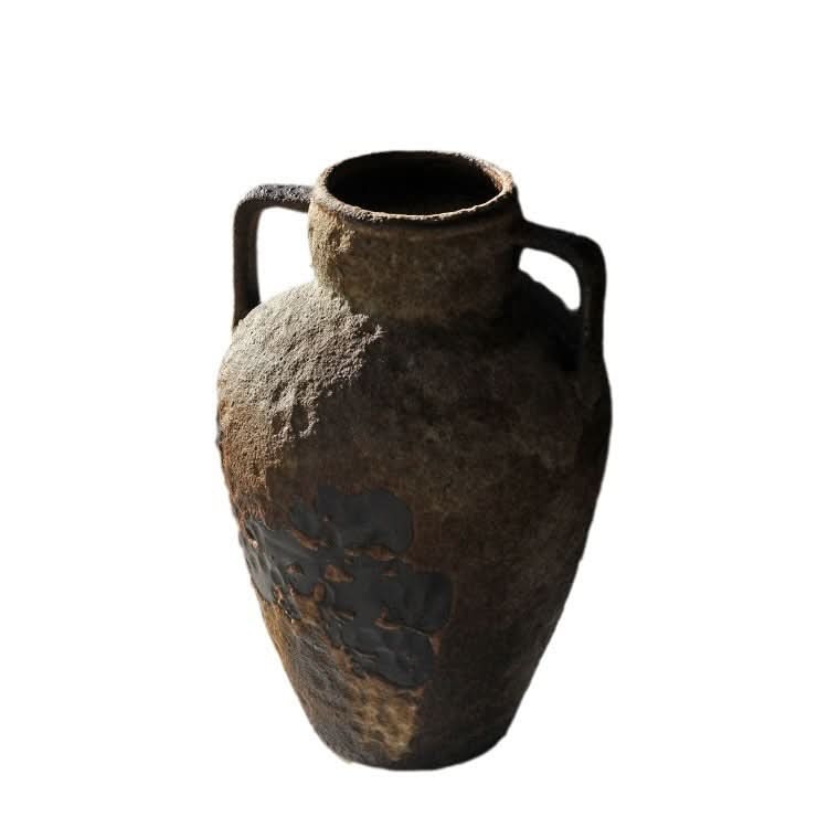 Textured brown ceramic vase with handles and floral detail, part of Small Ceramic Vases collection.