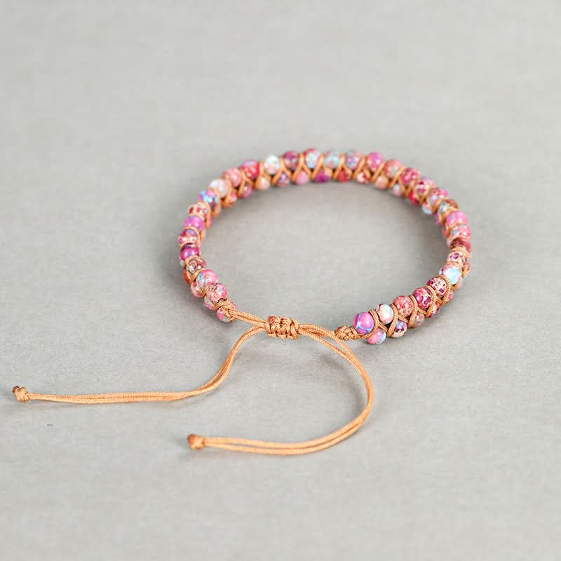 Emperor stone bracelet 4mm beads with pink and blue tones, macrame adjustable cord.