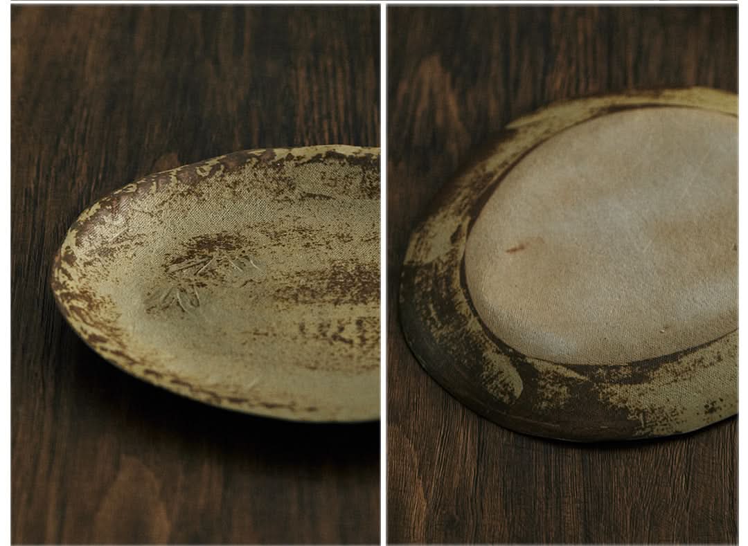 Unglazed ceramic plates with cloth texture, rustic brown & beige, home decor, textured finish
