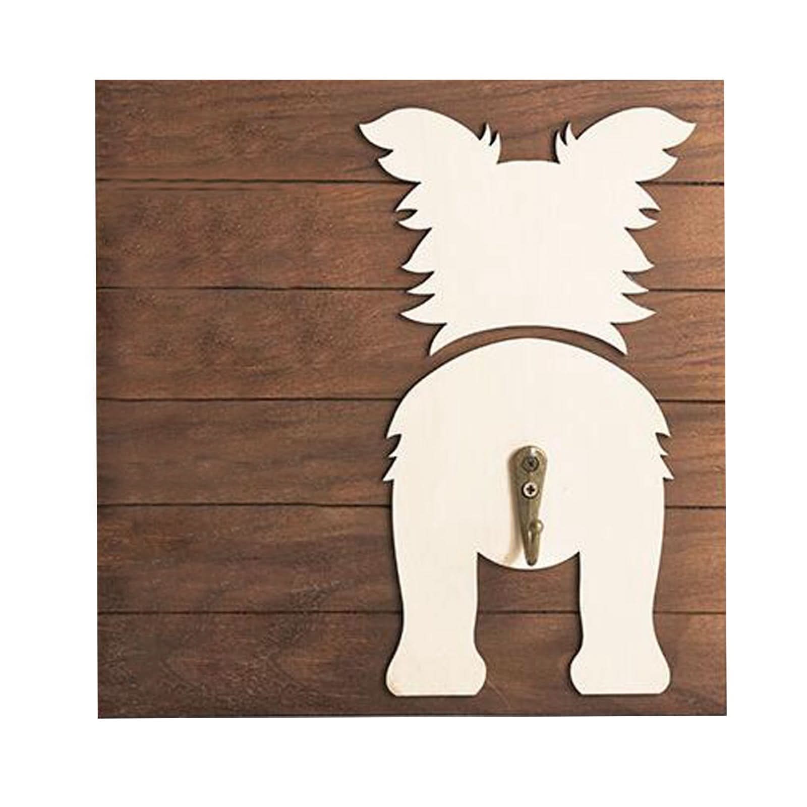 Personalized Name Wooden Dog Leash Holder - cream dog shape, brass hook on dark wood wall
