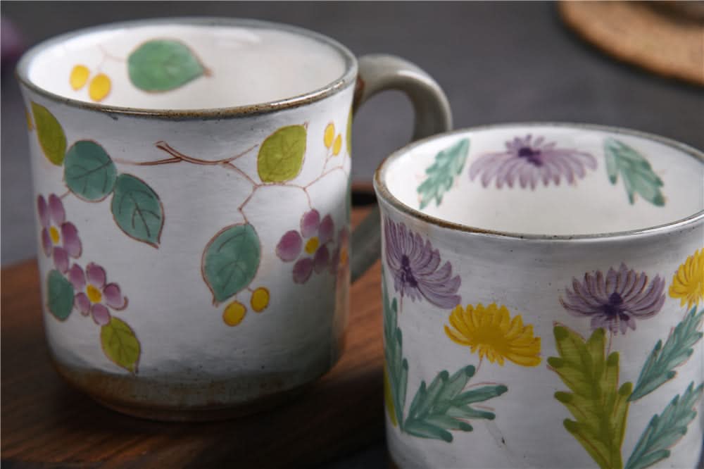 Japanese Underglaze Ceramic Flower Mugs hand-painted with purple, yellow flowers & green leaves. Made in Japan.